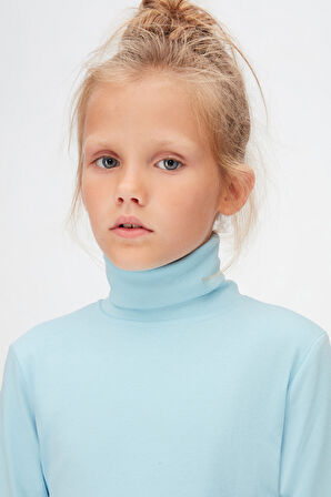 Bebek Mavisi Basic Kışlık Tam Balıkçı Yaka Uzun Kollu Kız Çocuk Tişört