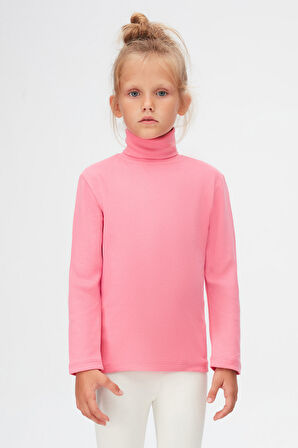 Şeker pembe Basic Kışlık Tam Balıkçı Yaka Uzun Kollu Kız Çocuk Tişört