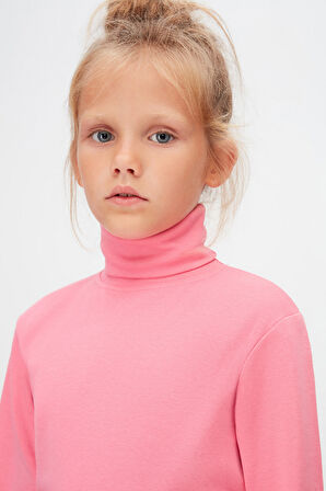 Şeker pembe Basic Kışlık Tam Balıkçı Yaka Uzun Kollu Kız Çocuk Tişört