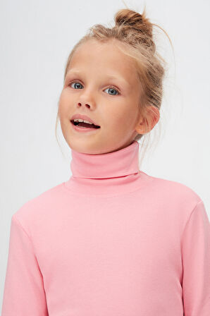 Pembe Basic Kışlık Tam Balıkçı Yaka Uzun Kollu Kız Çocuk Tişört