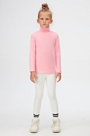 Pembe Basic Kışlık Tam Balıkçı Yaka Uzun Kollu Kız Çocuk Tişört