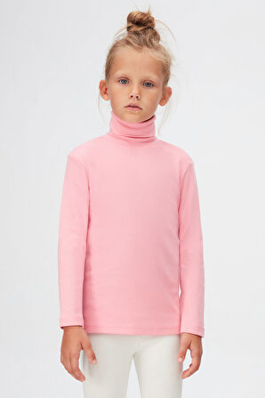 Pembe Basic Kışlık Tam Balıkçı Yaka Uzun Kollu Kız Çocuk Tişört
