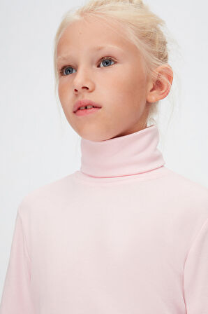 Uçuk pembe Basic Kışlık Tam Balıkçı Yaka Uzun Kollu Kız Çocuk Tişört