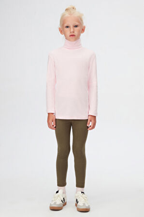 Uçuk pembe Basic Kışlık Tam Balıkçı Yaka Uzun Kollu Kız Çocuk Tişört