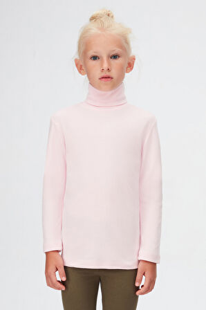 Uçuk pembe Basic Kışlık Tam Balıkçı Yaka Uzun Kollu Kız Çocuk Tişört