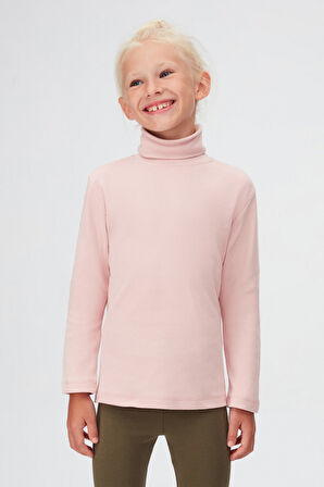 Pudra Pembe Basic Kışlık Tam Balıkçı Yaka Uzun Kollu Kız Çocuk Tişört