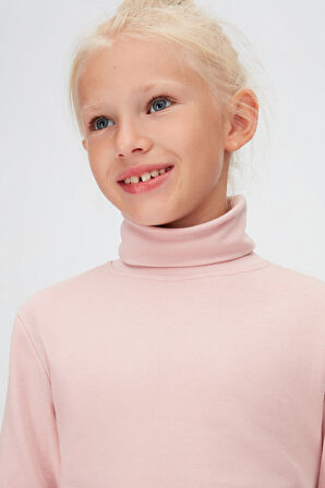 Pudra Pembe Basic Kışlık Tam Balıkçı Yaka Uzun Kollu Kız Çocuk Tişört