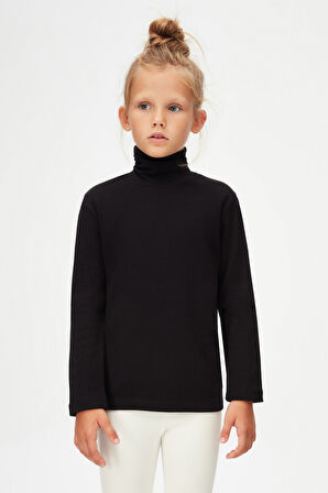 Siyah Basic Kışlık Tam Balıkçı Yaka Uzun Kollu Kız Çocuk Tişört