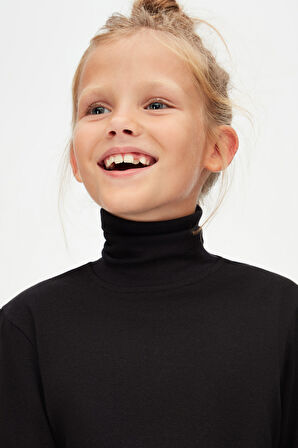 Siyah Basic Kışlık Tam Balıkçı Yaka Uzun Kollu Kız Çocuk Tişört