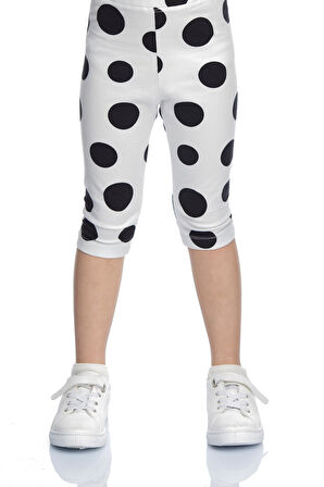Siyah Puanlı Beyaz Kız Çocuk Desenli Diz Altı Tayt Kapri