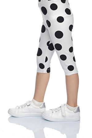 Siyah Puanlı Beyaz Kız Çocuk Desenli Diz Altı Tayt Kapri