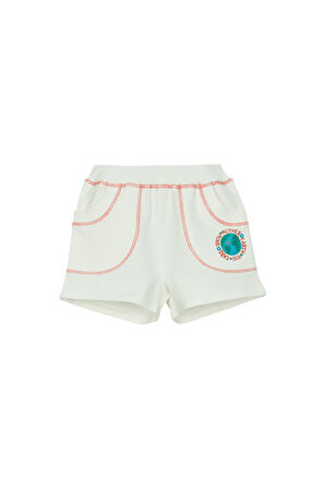 Ekru İki İplik Dünya Baskılı Cepli Kız Çocuk Şort