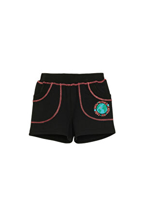 Siyah İki İplik Dünya Baskılı Cepli Kız Çocuk Şort