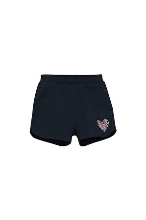 Koyu Lacivert İki İplik Kalp Basklı Kız Çocuk Şort
