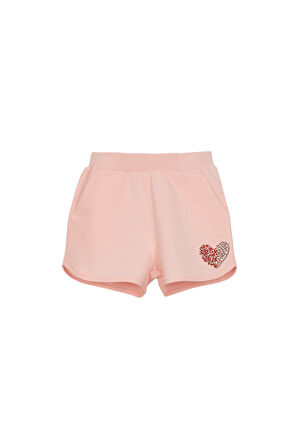 Açık Pudra İki İplik Kalp Basklı Kız Çocuk Şort