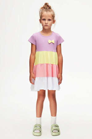 Lila + Beyaz Fiyonklu Kat Kat Renkli Kız Çocuk Kısa Kollu Elbise