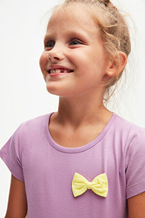 Lila + Beyaz Fiyonklu Kat Kat Renkli Kız Çocuk Kısa Kollu Elbise