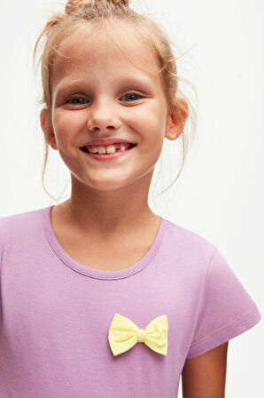 Lila + Beyaz Fiyonklu Kat Kat Renkli Kız Çocuk Kısa Kollu Elbise