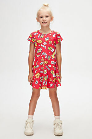 So Cool Kız Çocuk Desenli Kısa Kollu Elbise