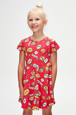 So Cool Kız Çocuk Desenli Kısa Kollu Elbise