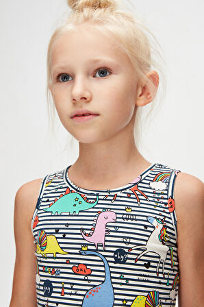 Rainbow Unicorn Kız Çocuk Desenli Kolsuz Elbise