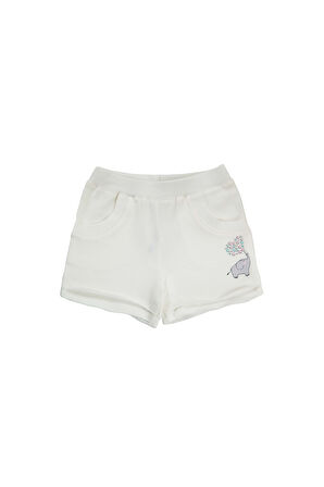 Ekru İki İplik Fil Baskılı Cepli Kız Çocuk Şort