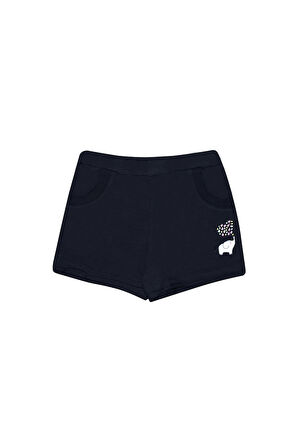 Koyu Lacivert İki İplik Fil Baskılı Cepli Kız Çocuk Şort