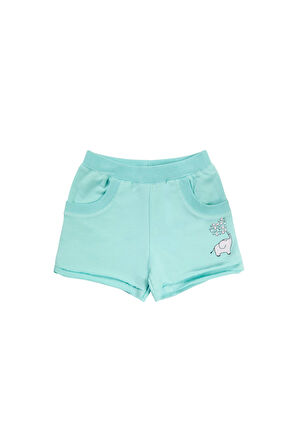 Mint İki İplik Fil Baskılı Cepli Kız Çocuk Şort
