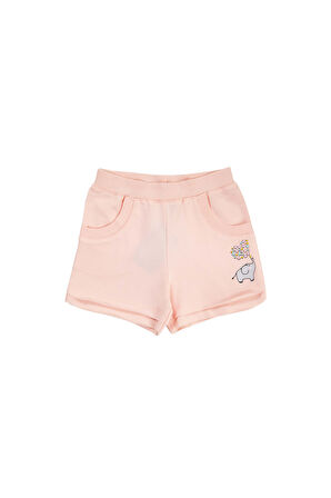 Açık Pudra İki İplik Fil Baskılı Cepli Kız Çocuk Şort