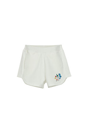 Ekru İki İplik Deniz Atı Baskılı Kız Çocuk Şort