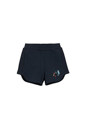 Koyu Lacivert İki İplik Deniz Atı Baskılı Kız Çocuk Şort