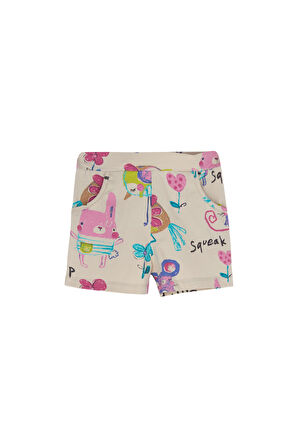 Bej Chirping Animals Kız Çocuk Desenli Cepli Şort