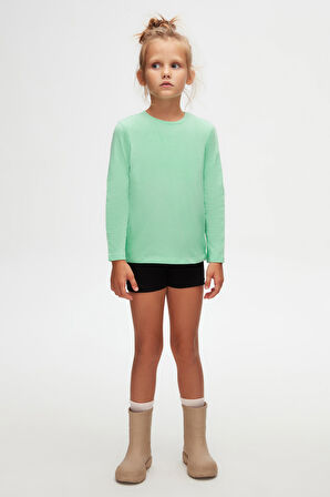 Pastel Yeşil Basic Unisex Çocuk Mevsimlik Sıfır Yaka Uzun Kollu Tişört