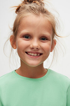 Pastel Yeşil Basic Unisex Çocuk Mevsimlik Sıfır Yaka Uzun Kollu Tişört