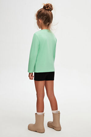 Pastel Yeşil Basic Unisex Çocuk Mevsimlik Sıfır Yaka Uzun Kollu Tişört
