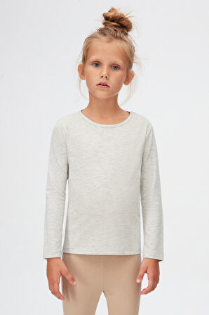 Açık Yeşil Melanj Basic Mevsimlik Likralı Uzun Kollu Kız Çocuk Tişört