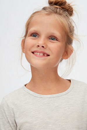 Açık Yeşil Melanj Basic Mevsimlik Likralı Uzun Kollu Kız Çocuk Tişört