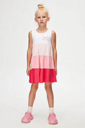 Beyaz+ Fuşya Renkli Kat Kat Kız Çocuk Askılı Elbise