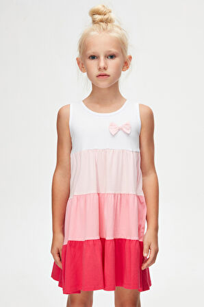 Beyaz+ Fuşya Renkli Kat Kat Kız Çocuk Askılı Elbise
