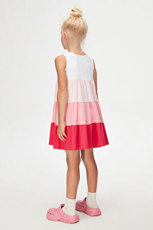 Beyaz+ Fuşya Renkli Kat Kat Kız Çocuk Askılı Elbise