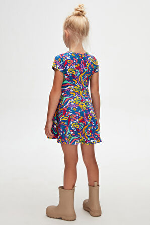 Abstract Leopard Kız Çocuk Desenli Kısa Kollu Elbise