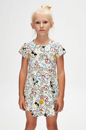 Cute Faces Kız Çocuk Desenli Kısa Kol Elbise