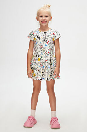 Cute Faces Kız Çocuk Desenli Kısa Kol Elbise