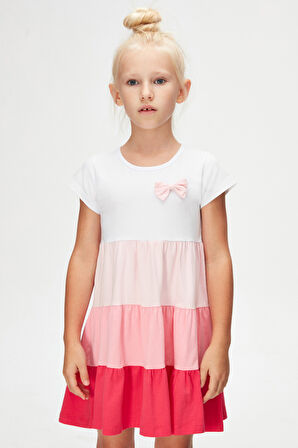 Beyaz+ Fuşya Fiyonklu Kat Kat Renkli Kız Çocuk Kısa Kollu Elbise