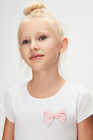 Beyaz+ Fuşya Fiyonklu Kat Kat Renkli Kız Çocuk Kısa Kollu Elbise