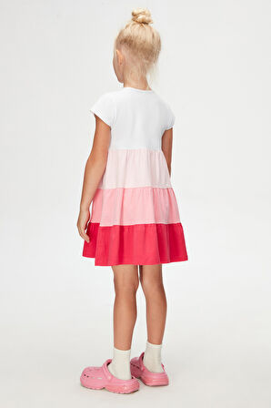 Beyaz+ Fuşya Fiyonklu Kat Kat Renkli Kız Çocuk Kısa Kollu Elbise