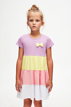 Lila + Beyaz Fiyonklu Kat Kat Renkli Kız Çocuk Kısa Kollu Elbise