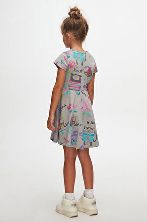 Ay Grisi Chirping Animals Kız Çocuk Desenli Kısa Kollu Elbise