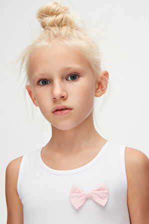 Beyaz+ Fuşya Renkli Kat Kat Kız Çocuk Askılı Elbise