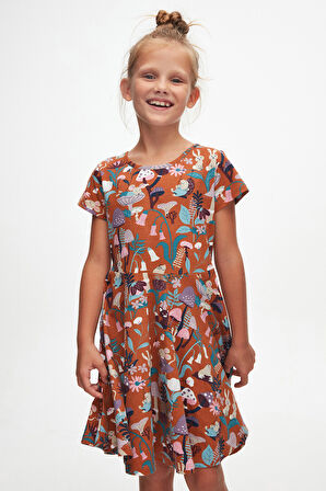 Kahverengi Forest Animals Kız Çocuk Desenli Kısa Kollu Elbise